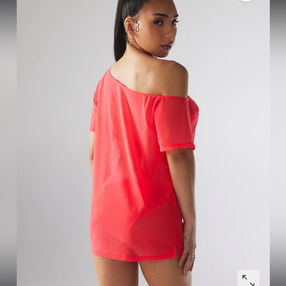 Savage X Fenty  I Dare Hue Mesh Off-The-Shoulder Red Pink Sleep Shirt & Bikini
